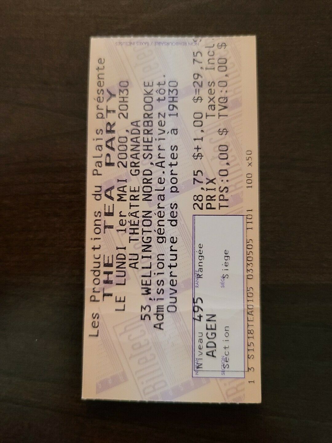 The Tea Party 2000, Sherbrooke Au Theater Original Concert Ticket Stub