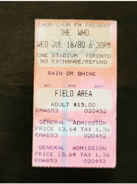 The Who 1980 Exhibition Stadium Toronto Original Vintage Concert Ticket Stub
