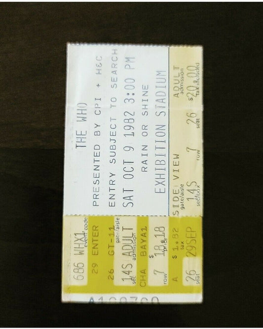 The Who 1982 Exhibition Stadium Toronto Original Vintage Concert Ticket Stub