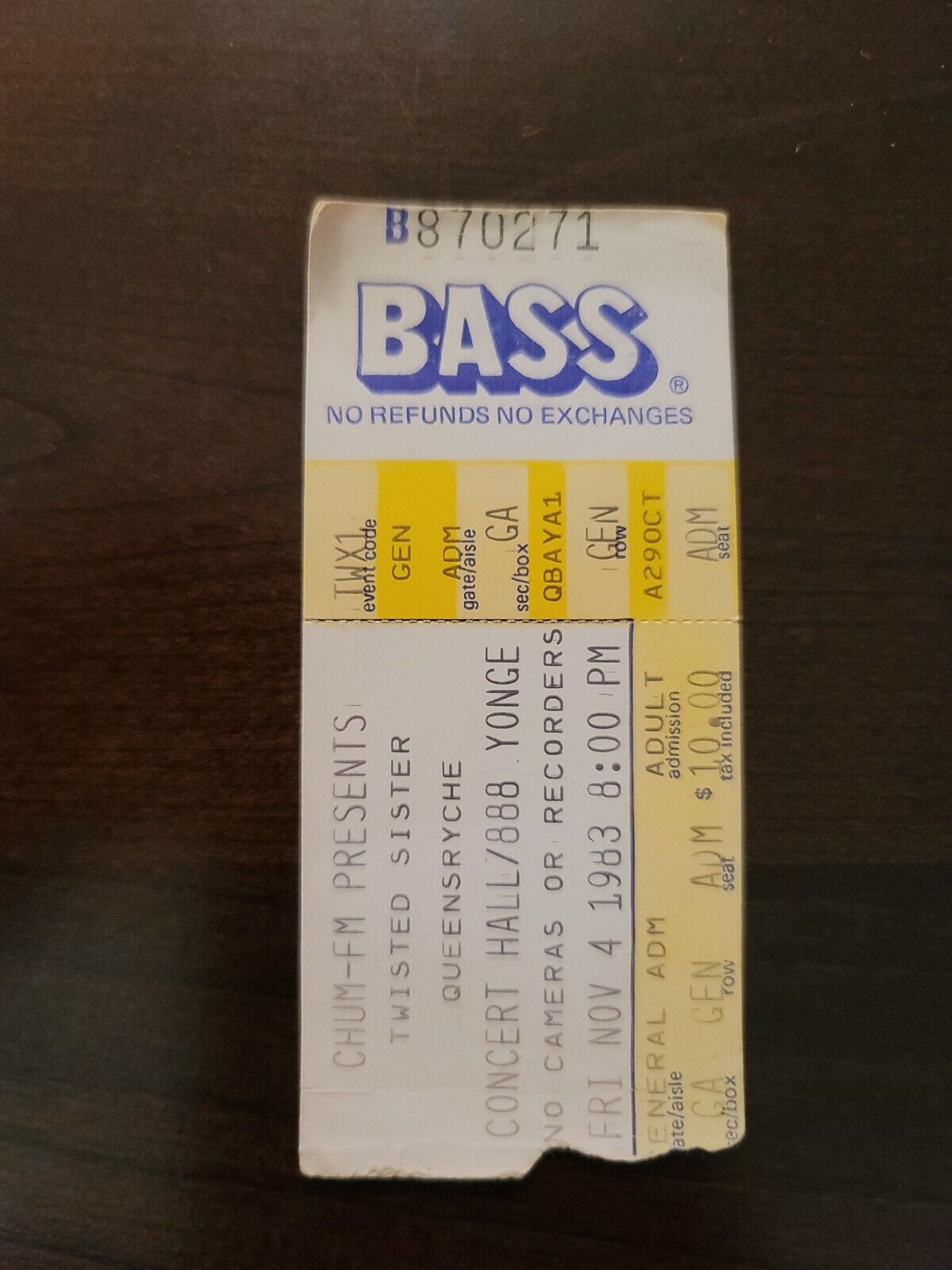 Twisted Sister 1983, Toronto Concert Hall Original Ticket Stub Dee Snider