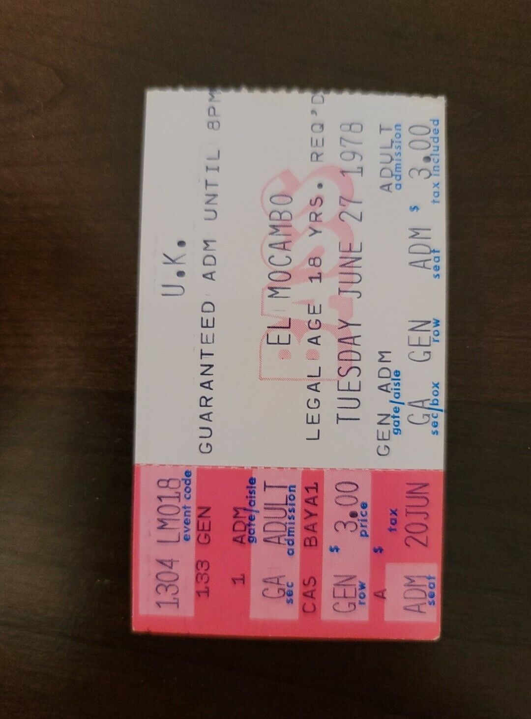 U.K. 1978, Toronto El Mocambo Original Vintage Concert Ticket Stub