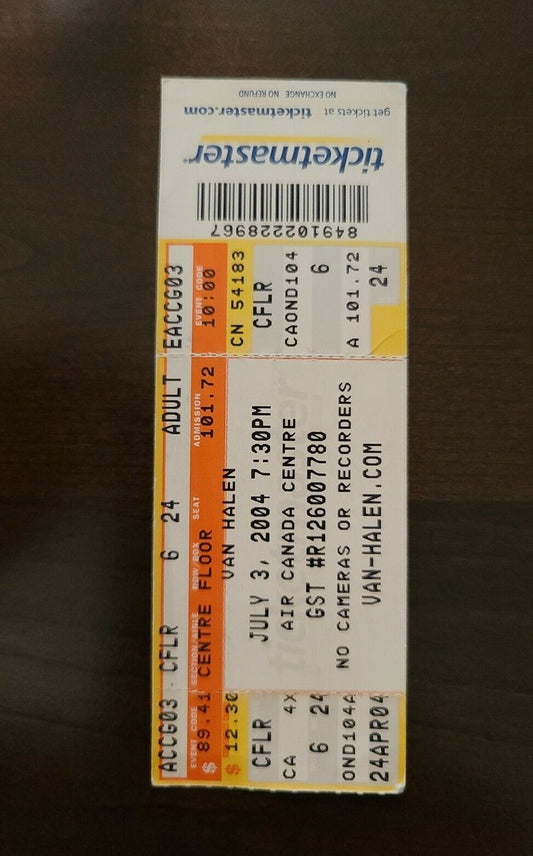 Van Halen 2004, Toronto Air Canada Centre Concert Ticket Stub Reunion Tour