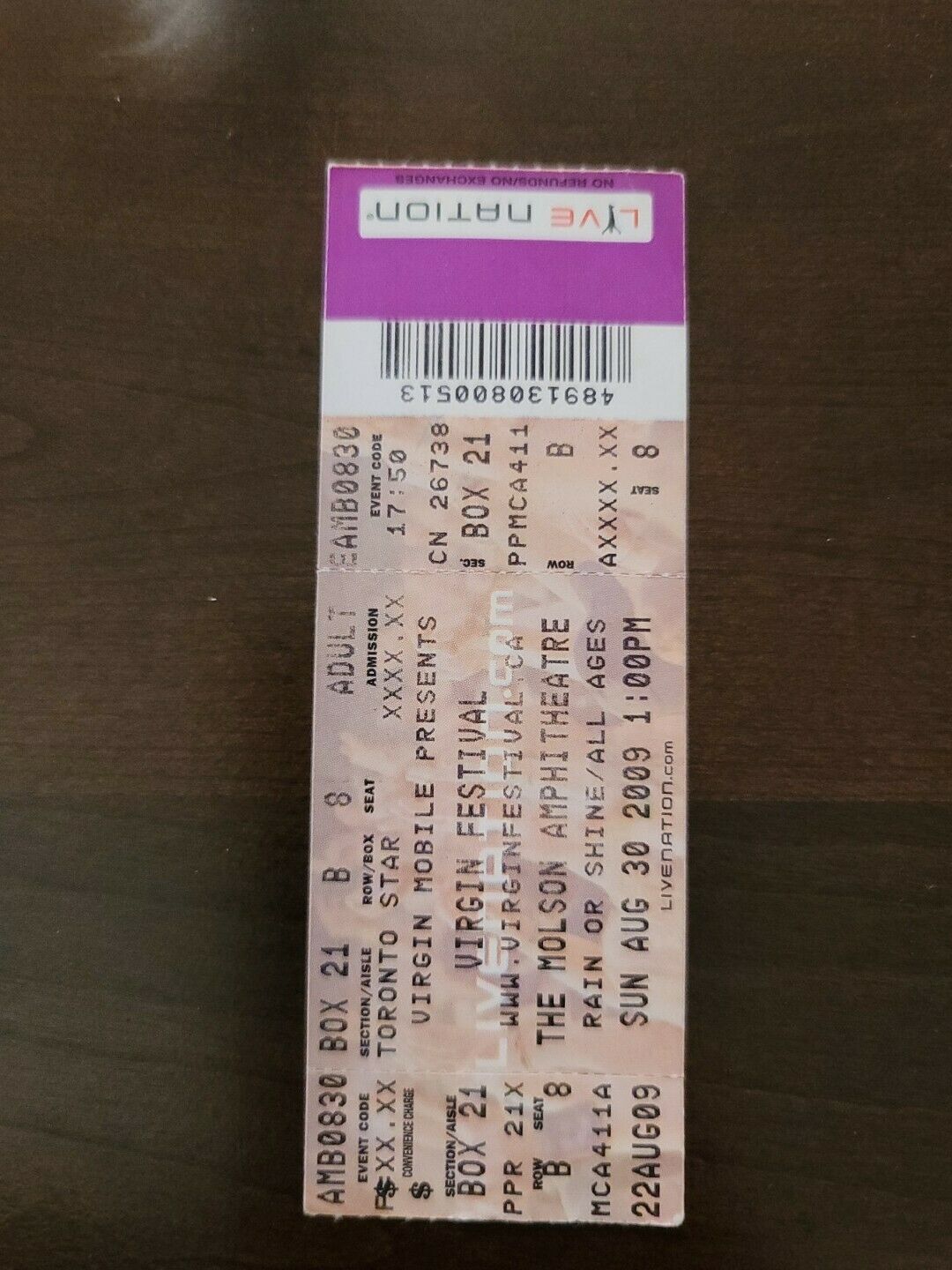 Virgin Music Festival 2009, Toronto Molson Amphitheater Concert Ticket Stub