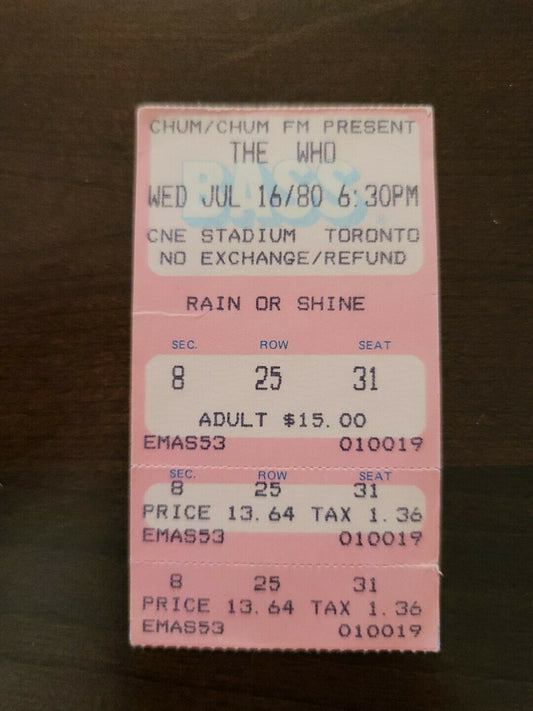 The Who 1980, Toronto CNE Stadium Original Concert Ticket Stub