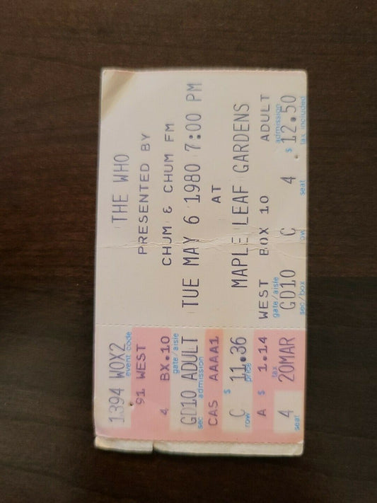 The Who 1980, Toronto Maple Leaf Gardens Original Concert Ticket Stub