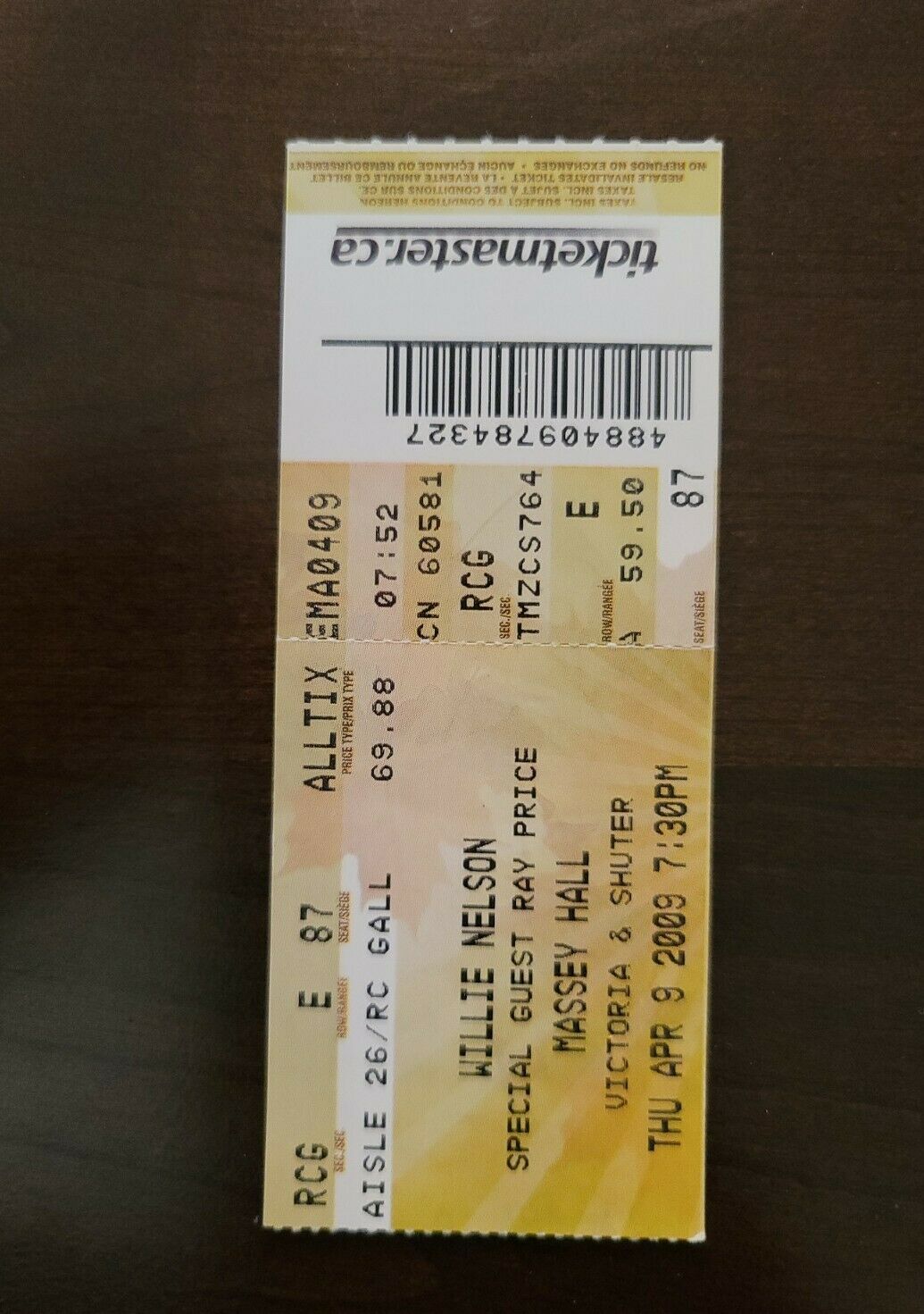 Willie Nelson 2009, Toronto Massey Hall Original Concert Ticket Stub