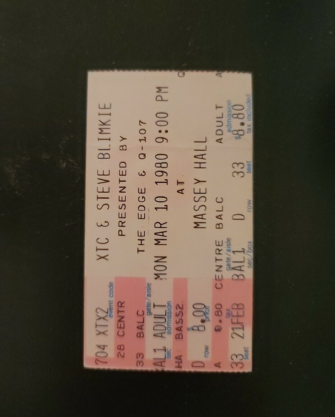 XTC & Steve Blimkie 1980, Toronto Massey Hall Original Concert Ticket Stub