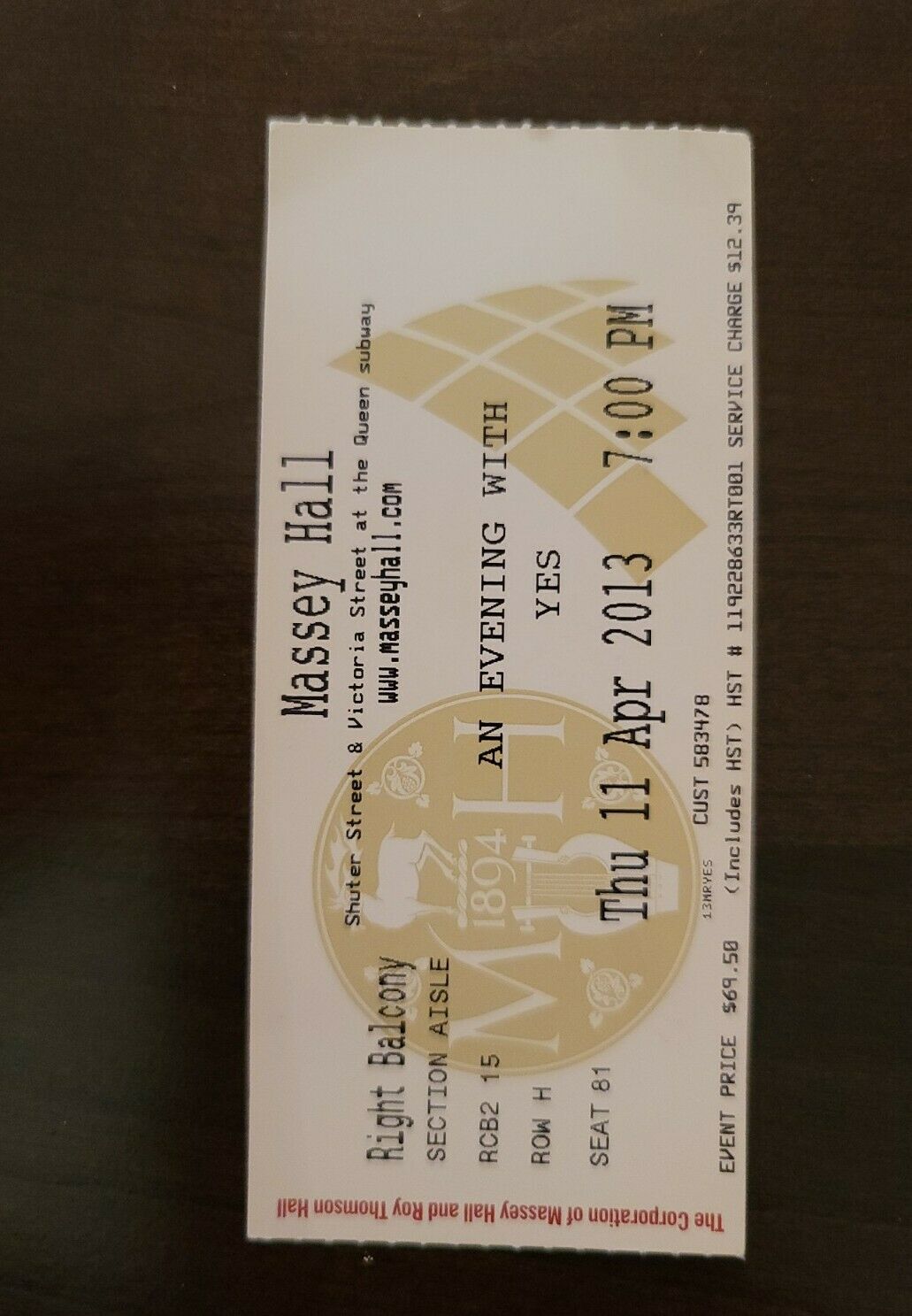 YES 2013, Toronto Massey Hall Original Concert Ticket Stub