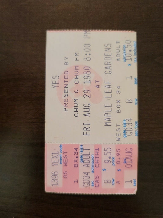 YES 1980, Toronto Maple Leaf Gardens Original Concert Ticket Stub