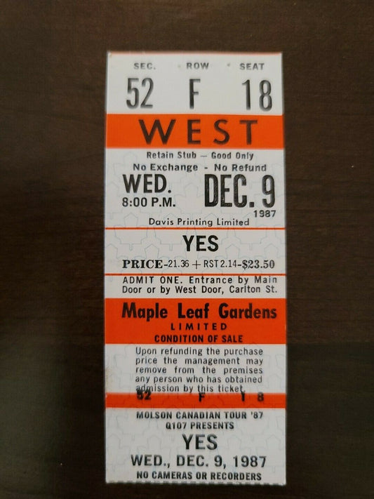 YES 1987, Toronto Maple Leaf Gardens Original Red Concert Ticket Stub