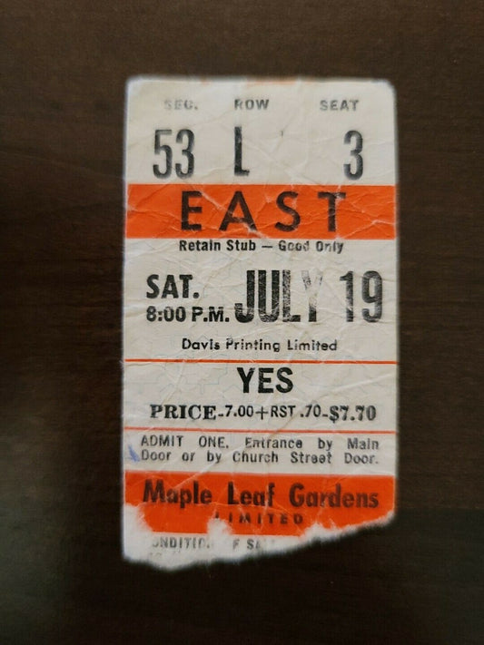 YES 1975, Toronto Maple Leaf Gardens Original Red Concert Ticket Stub