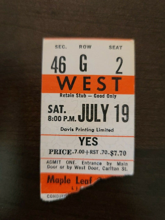 YES 1975, Toronto Maple Leaf Gardens Original Concert Ticket Stub