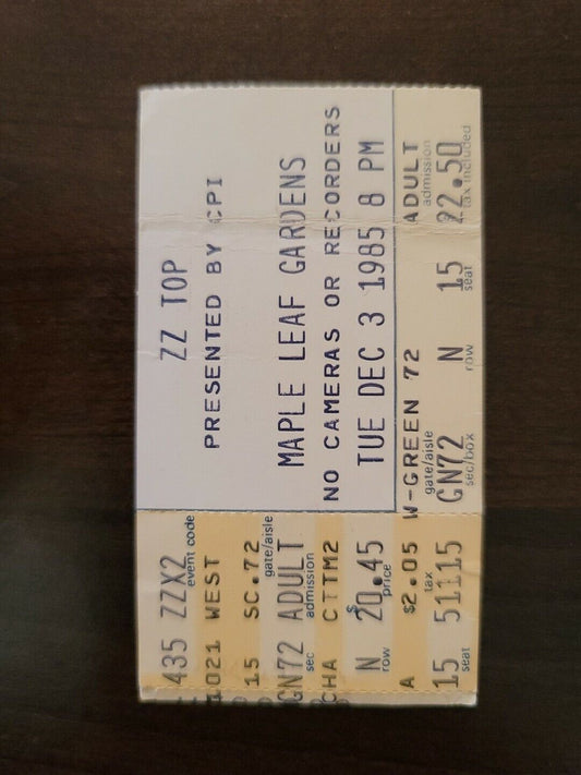 ZZ Top 1985, Toronto Maple Leaf Gardens Original Concert Ticket Stub